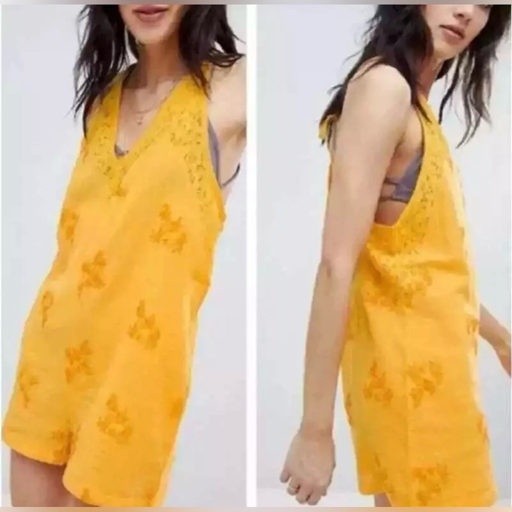 Free Peoplw Yellow Embroidered Linen Blend Romper - Women's Sleeveless Jumpsuit